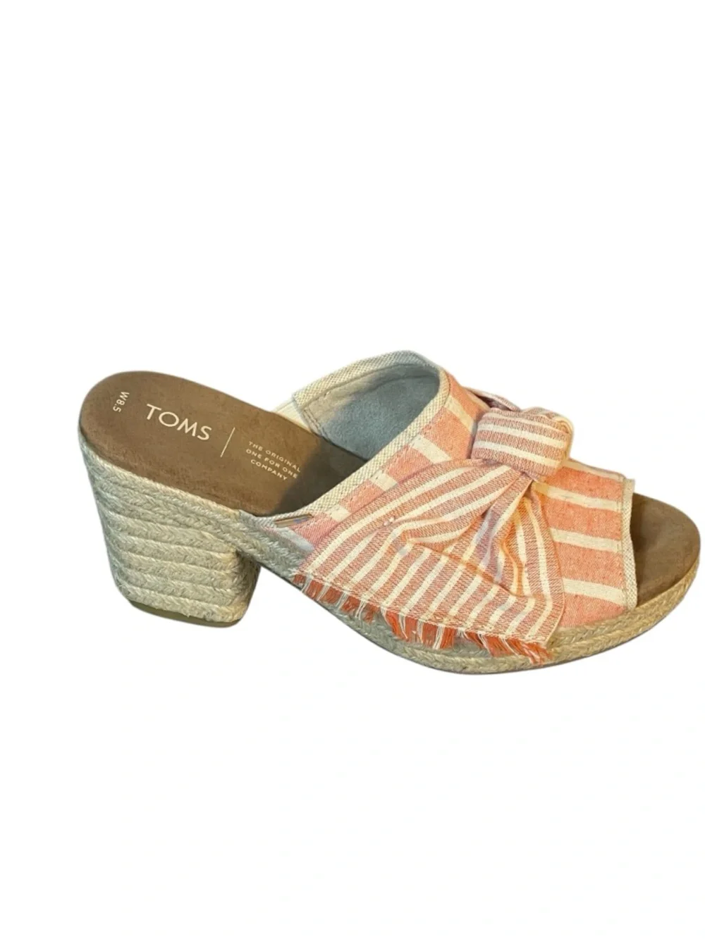 Toms Junie Stripe Peach Bow Jute Platform Heel Slide Sandal Womens Sz 8.5